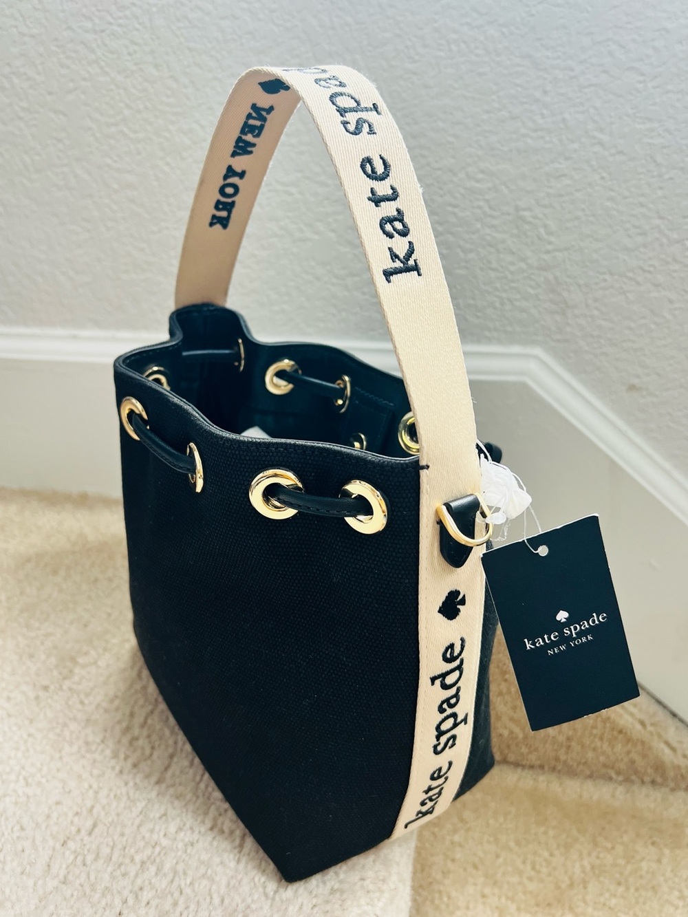 Kate Spade New York Black Canvas Bucket Bag w/ Contrast Strap NWT Classic Basic